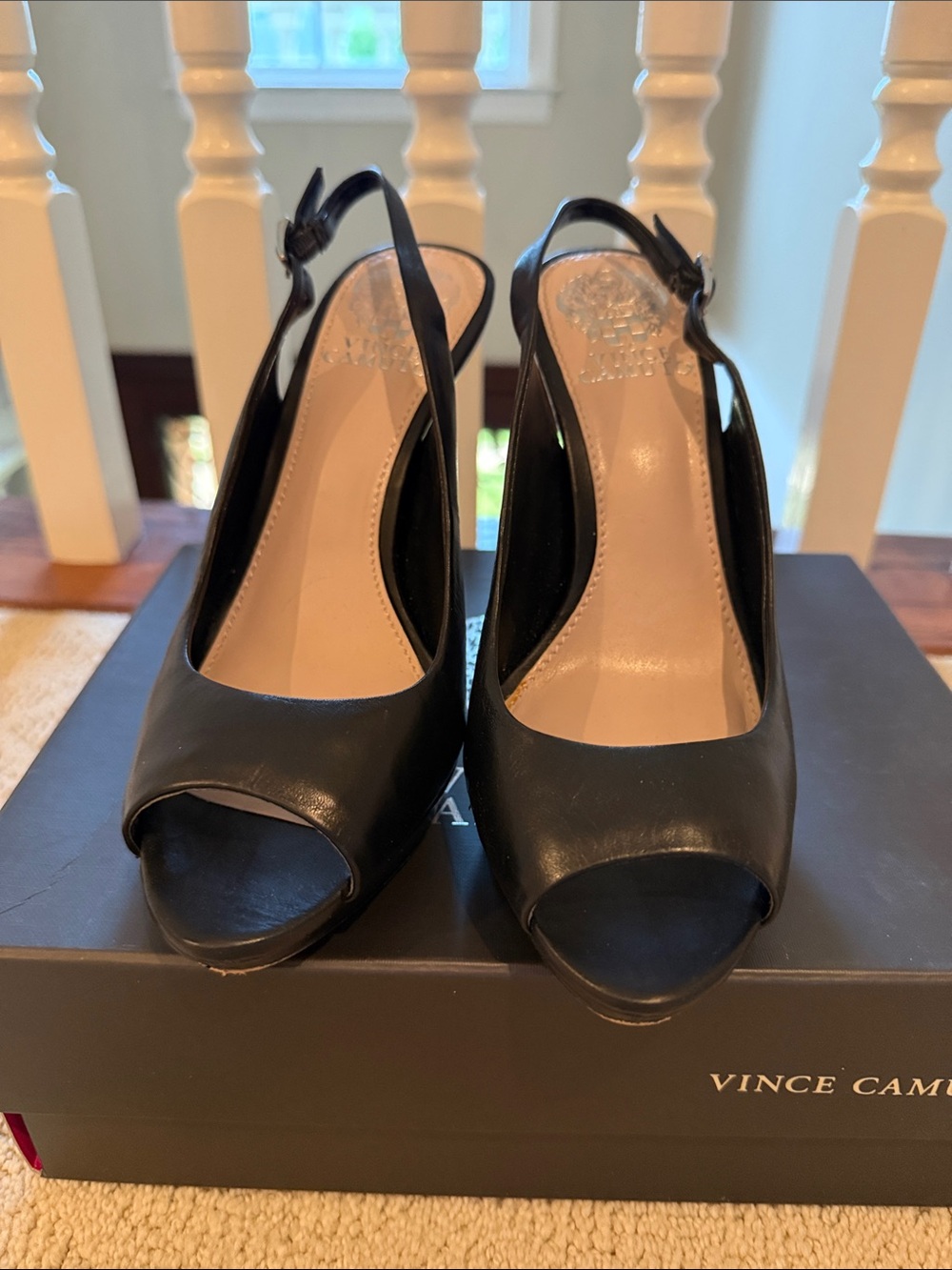 Vince Camuto Black Leather Peep-Toe Slingback Pumps. 4” heel